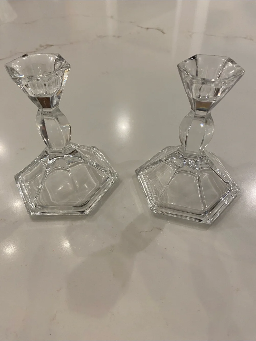 Vintage Clear Glass Candle Stick Holders w/ Flared Octagonal Base (2)